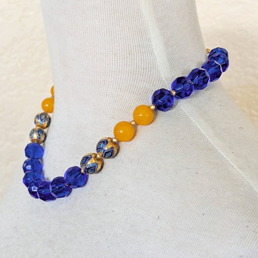 Royal Blue & Golden Yellow Agate Gold Inlaid Beaded Statement Necklace - Picture 2 of 3